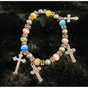 Vintage Cross Charm Bracelet Silver Metal And Faux Turquoise Beaded Religious 7"